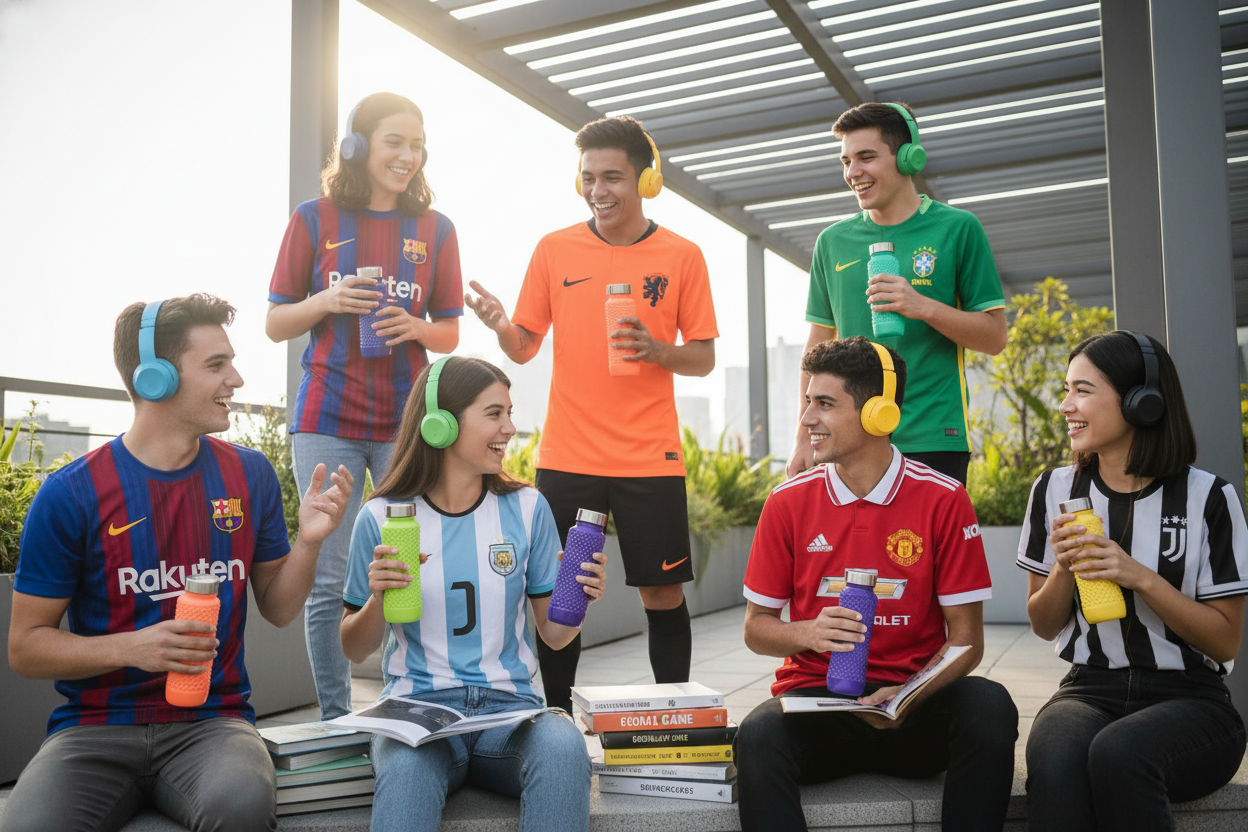 chicos con auriculares botellas de hidratación libros camisetas de futbol