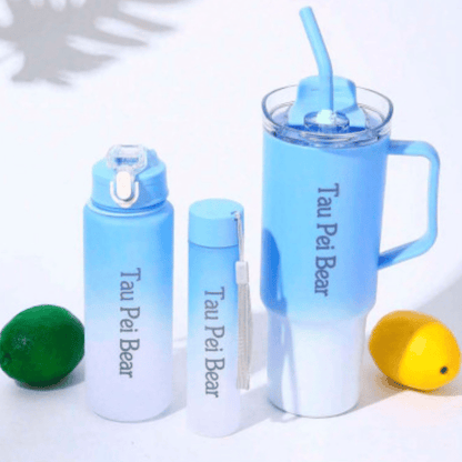 Set de 3 botellas: deportiva con tapa segura, cilíndrica con correa.